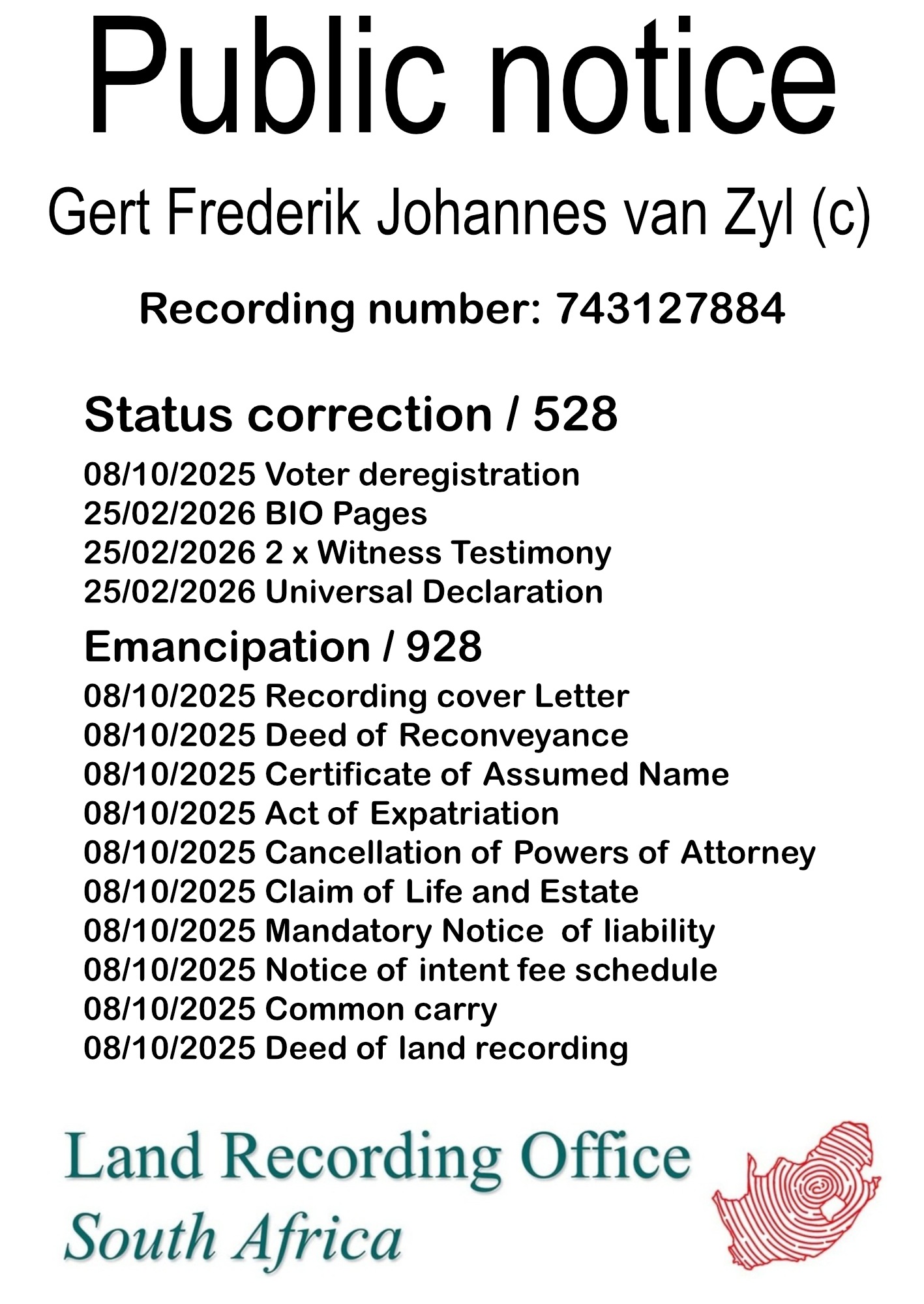 Public notice Gert Frederik Johannes van Zyl (c) Recording number 743127884